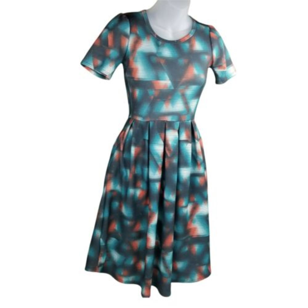 LuLaRoe Women's Amelia Pleats Pockets Knee Length Dress XXS Geometric Textured